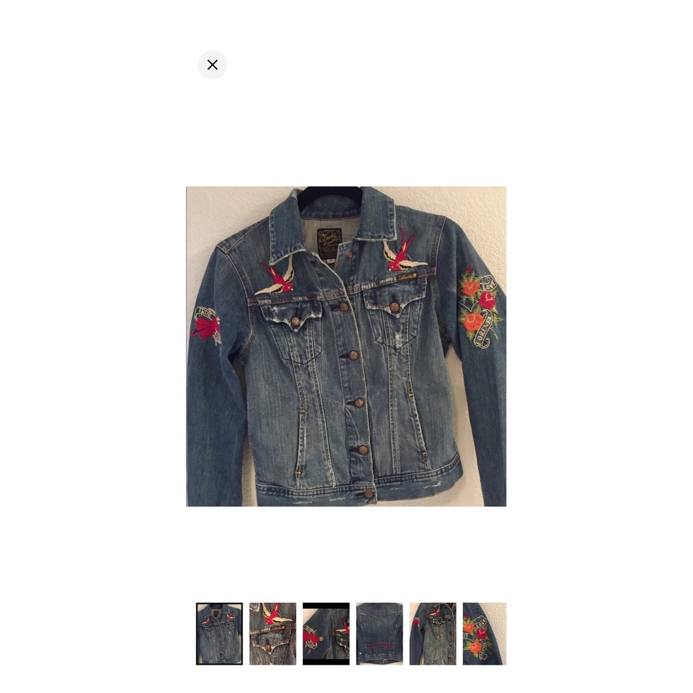 Lucky Brand‎ Embroidered Denim Jacket Womens Medium Tattoo Sparrow Love Forever